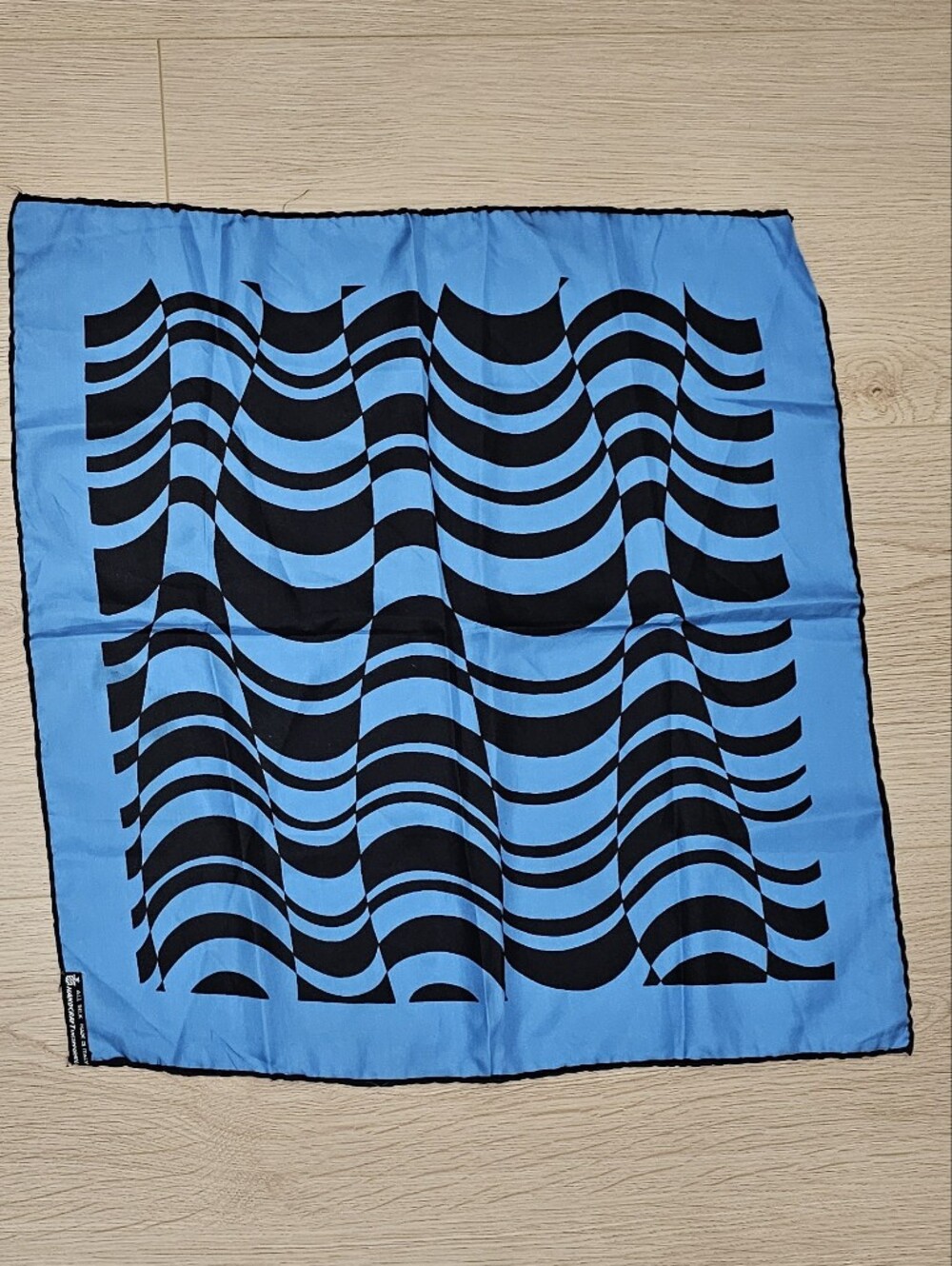 Vintage Handcraft Italy 100% Silk Scarf Blue Black Abstract Geometric 19x19